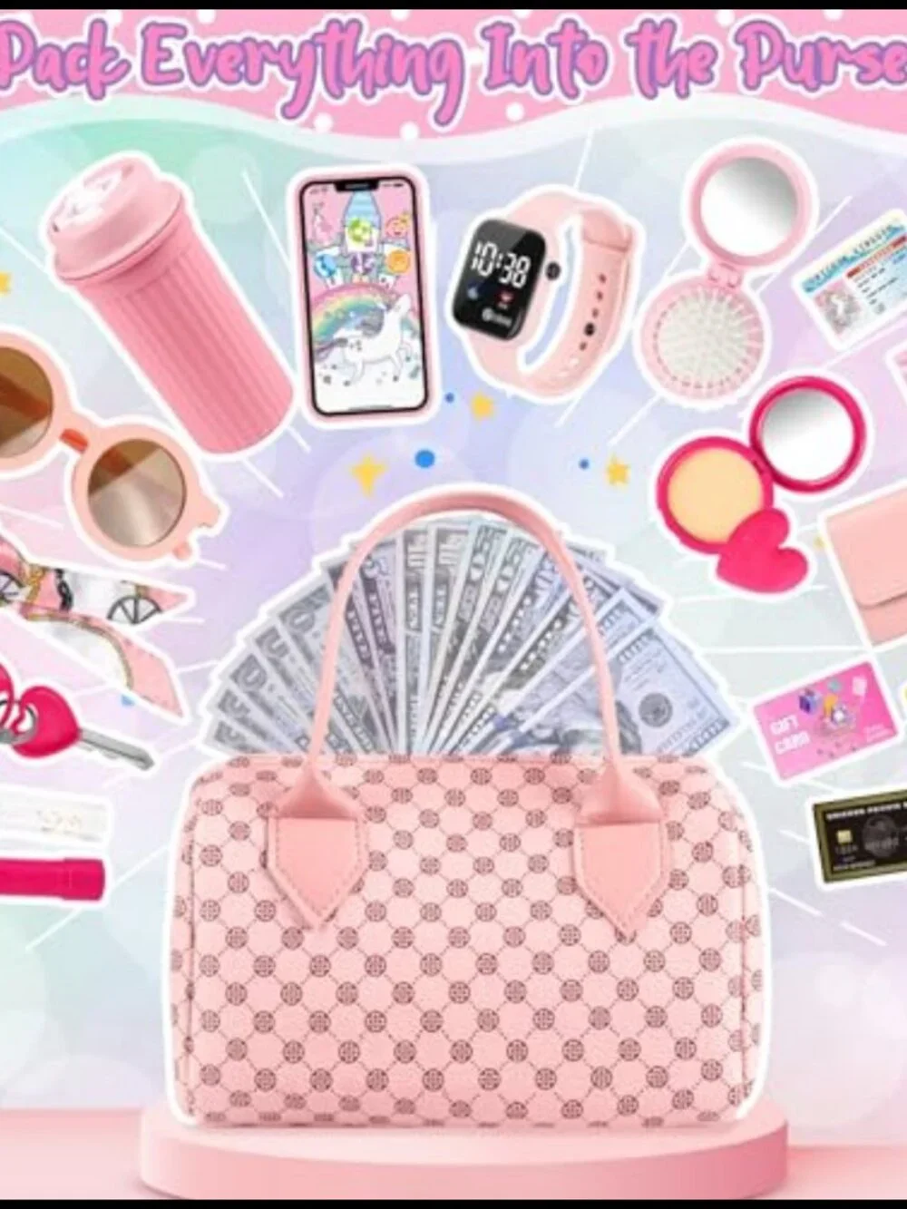 32PC Kids Play Purse Set Faux Leather Princess Pretend Toy Gift